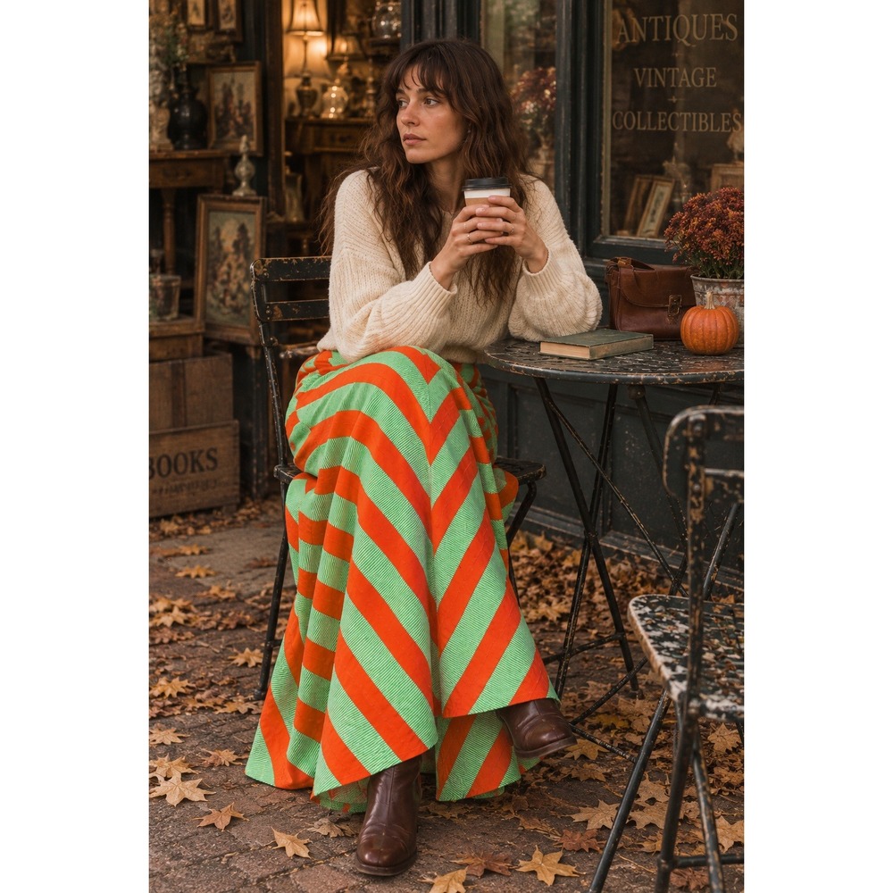 VTG Calvin Klein Maxi Skirt 12 Orange Green Chevron A-line Retro Striped Boho
